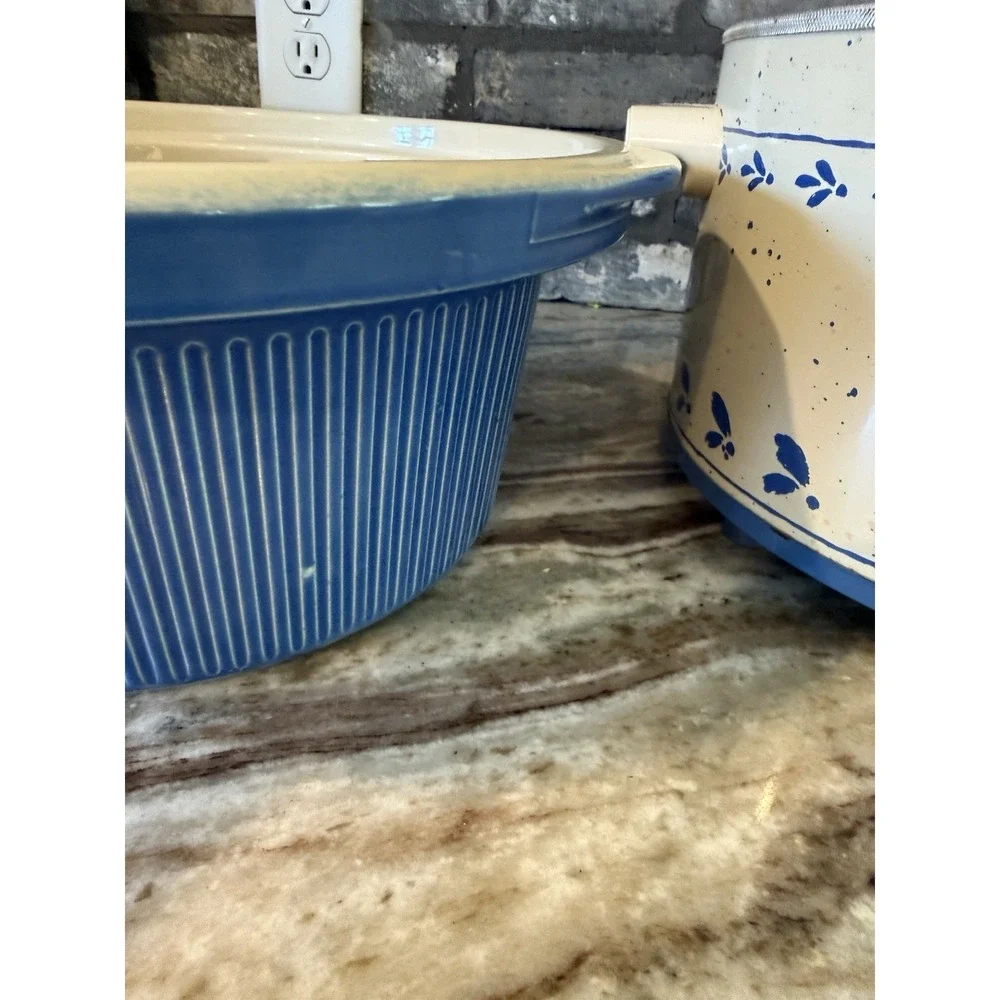 VTG Rival 5 Qt Crock Pot Slow Cooker Blue Cottage Country Stoneware w/ Lid 3355